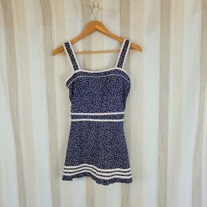 Shore Shapes Swimwear Retro‎ One Piece Swimsuit Blue White Polka Dots Size 8
